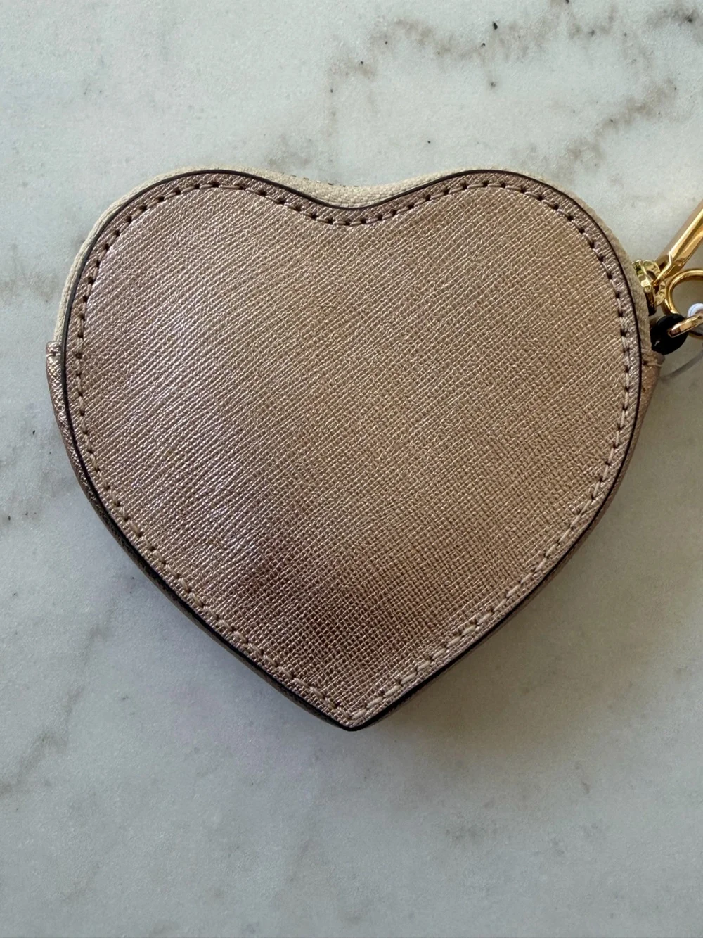 Tory Burch Metallic Rose Gold Heart Leather Coin Purse Keychain Charm NWT